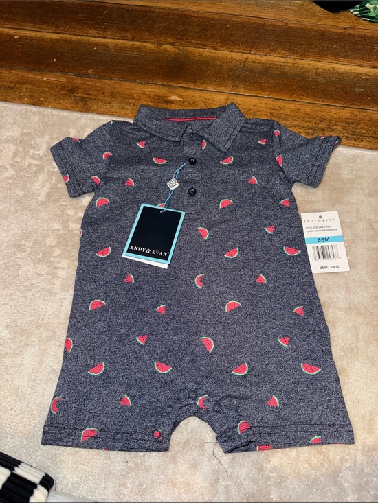 Andy & Evan Other - Andy & Evan Navy Romper with Red & Green Watermelon Motif